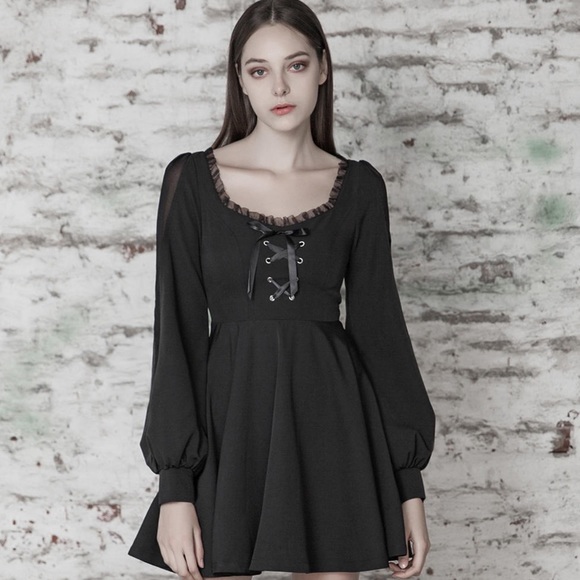 Punk Rave NEW Sexy Goth Long Sleeve Lace-Up A-Line Dress Black Square Neck Small - Picture 15 of 16